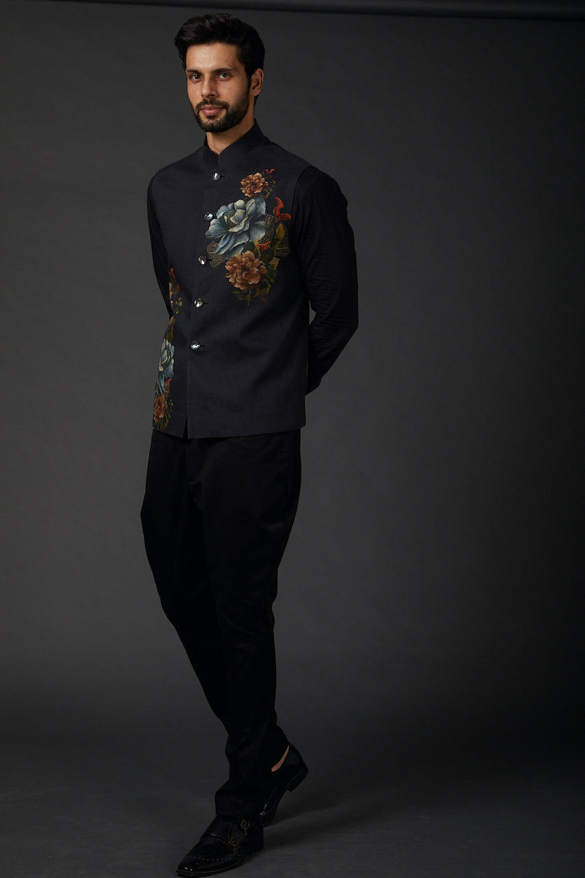 Black Linen Floral Printed Bundi