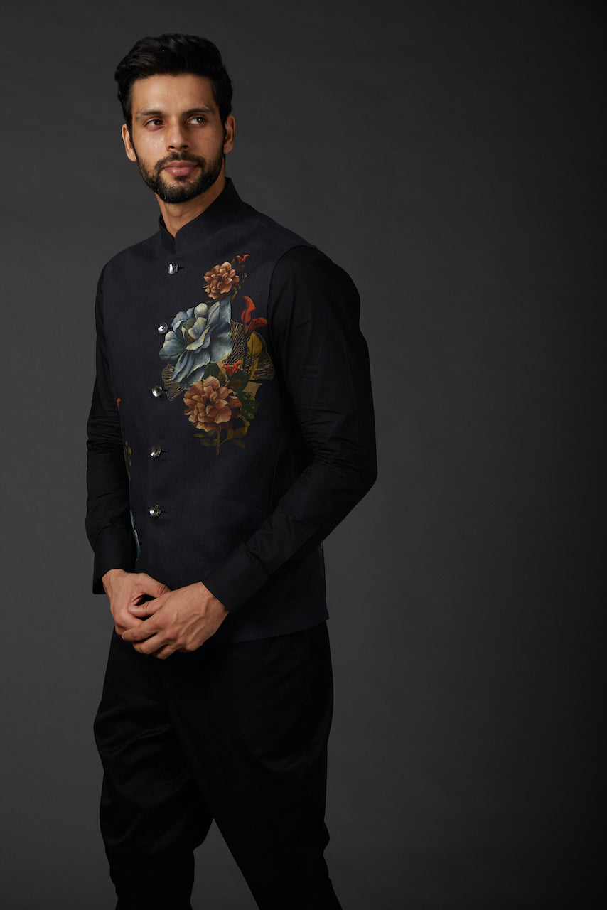 Black Linen Floral Printed Bundi