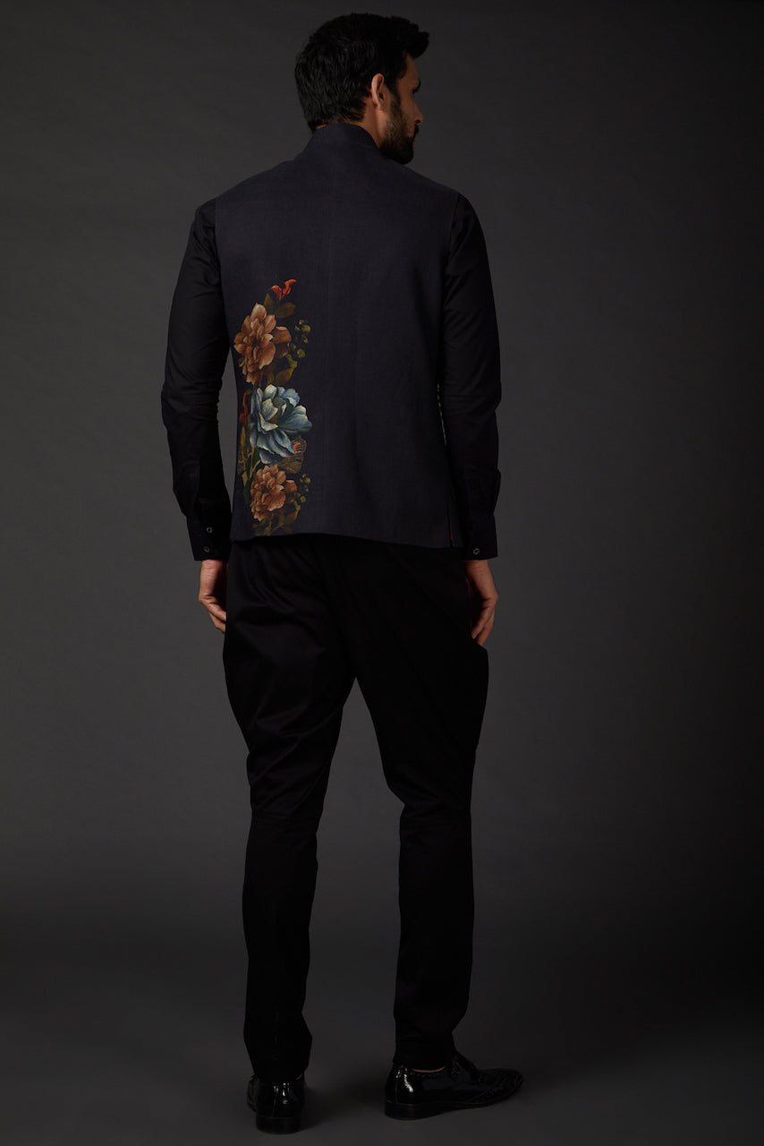 Black Linen Floral Printed Bundi