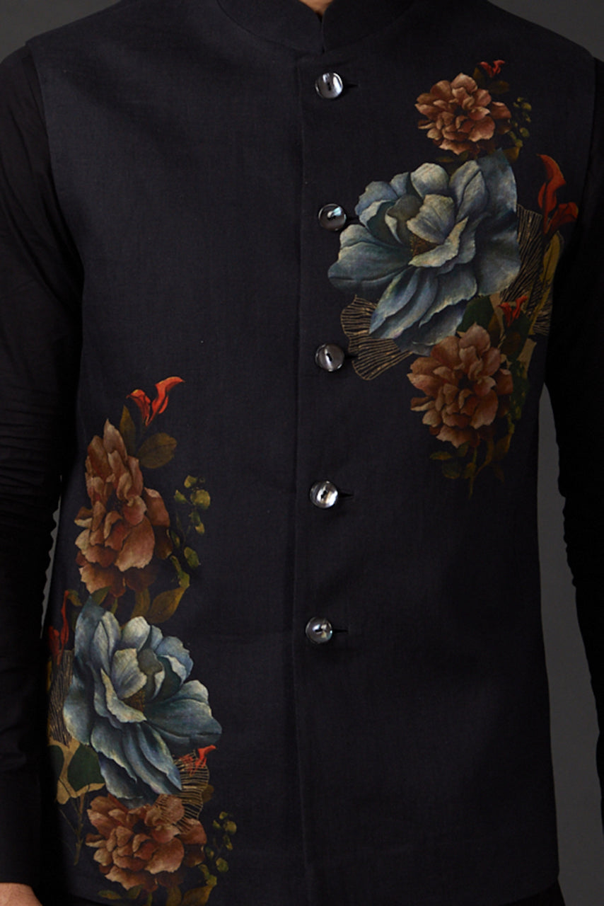 Black Linen Floral Printed Bundi