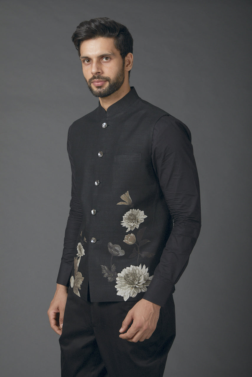 Black Linen Floral Printed Bundi