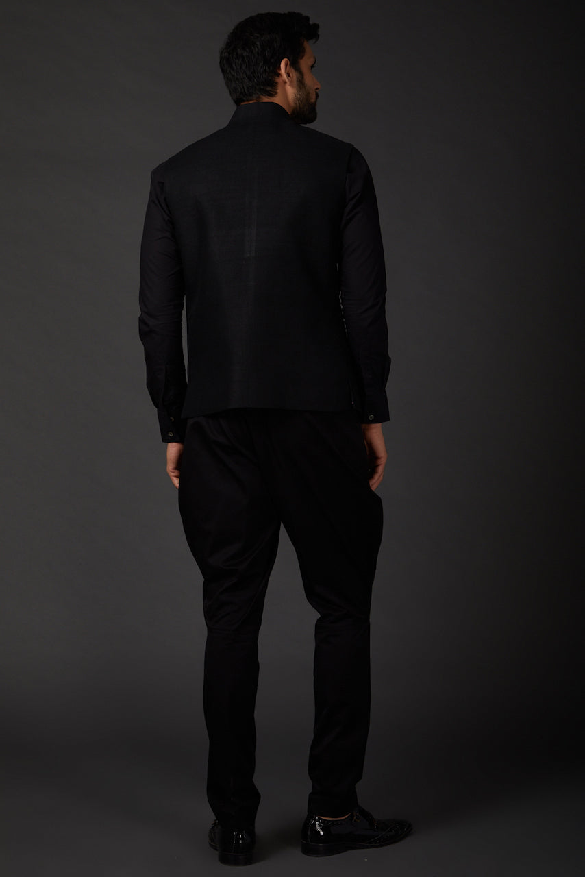 Black Linen Floral Printed Bundi
