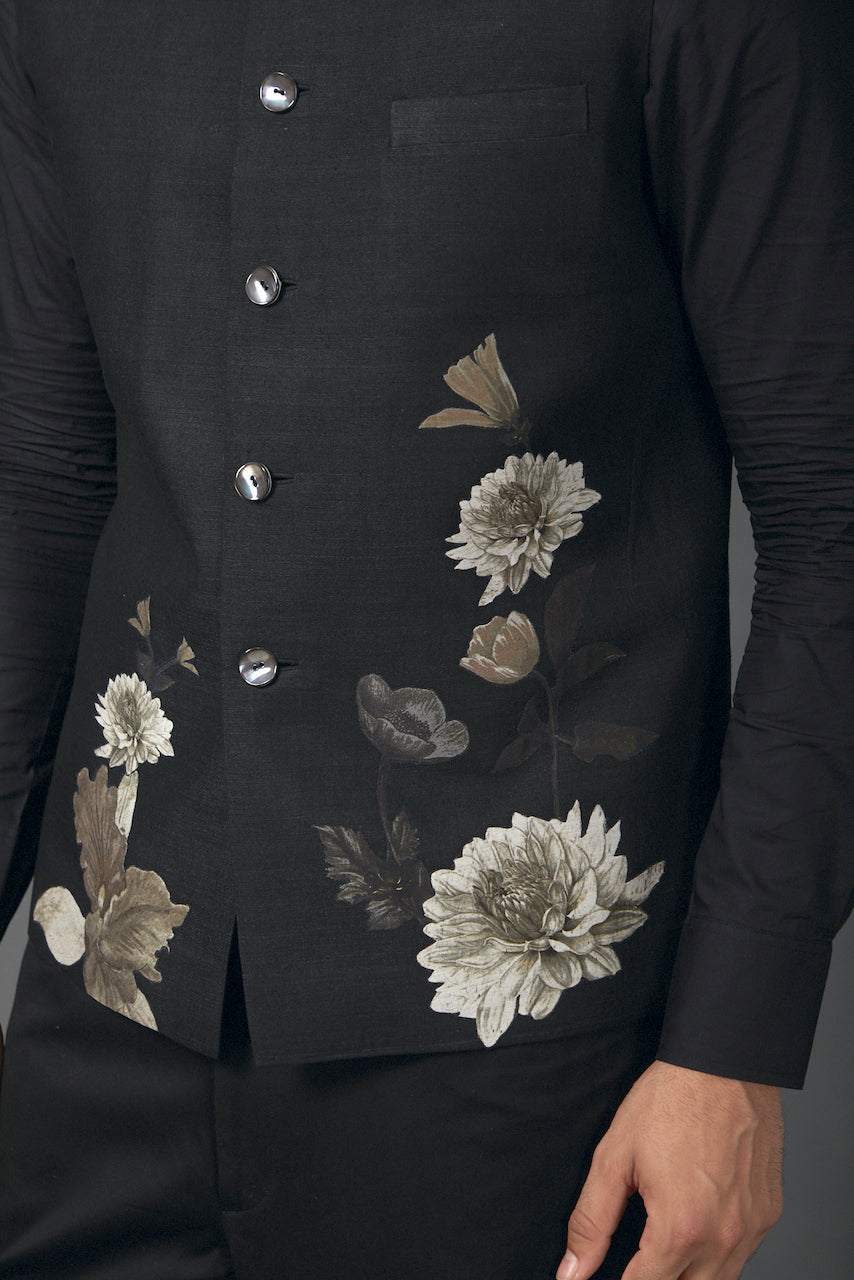 Black Linen Floral Printed Bundi