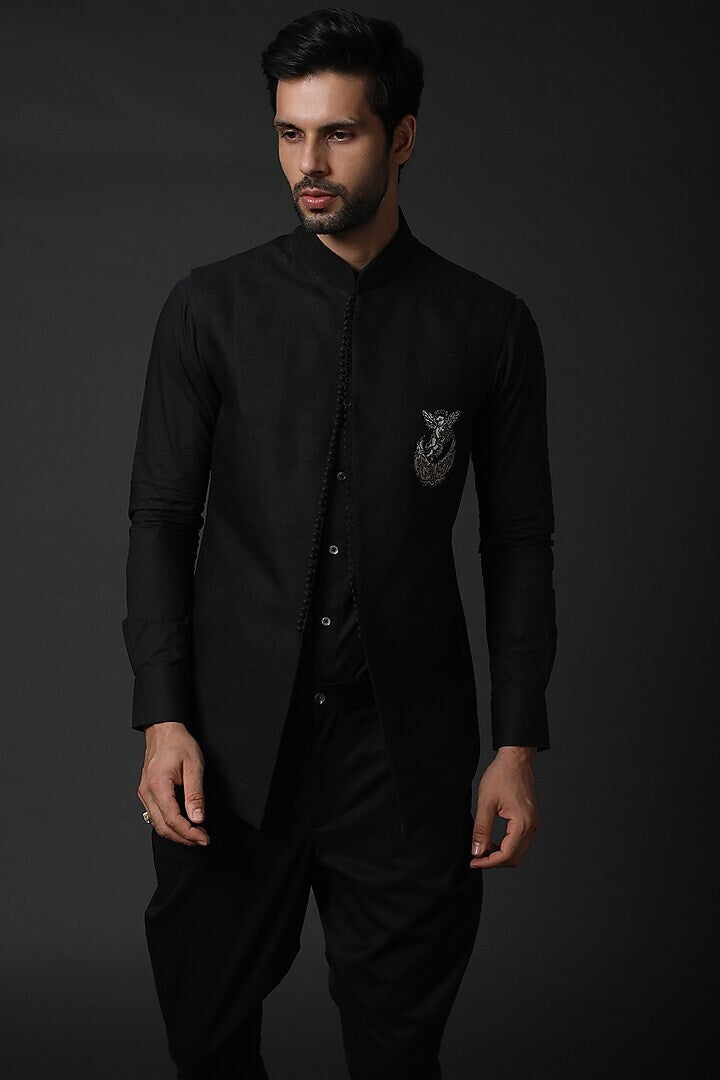 Black Linen Embroidered Bundi