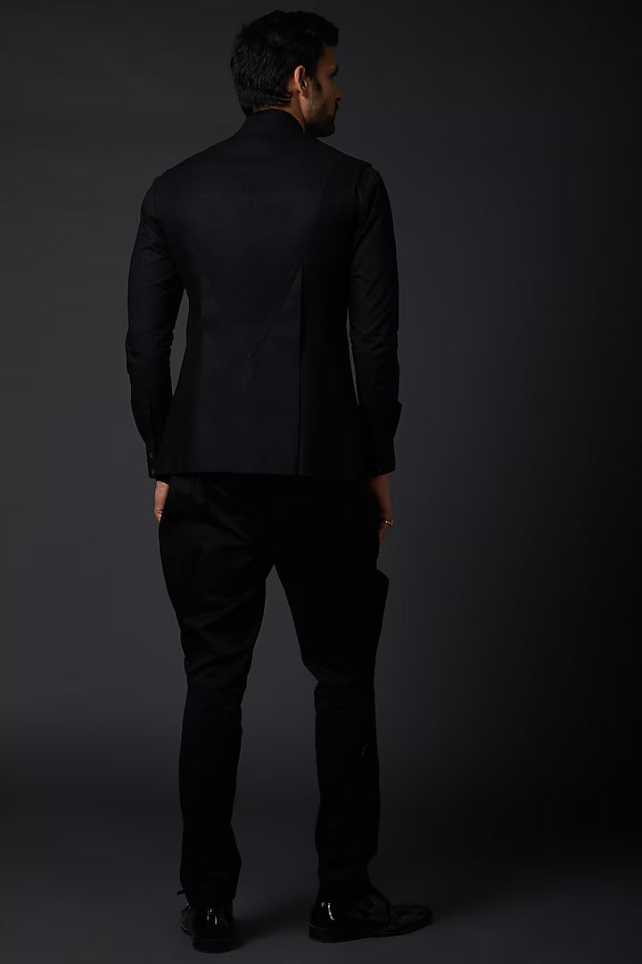 Black Linen Embroidered Bundi