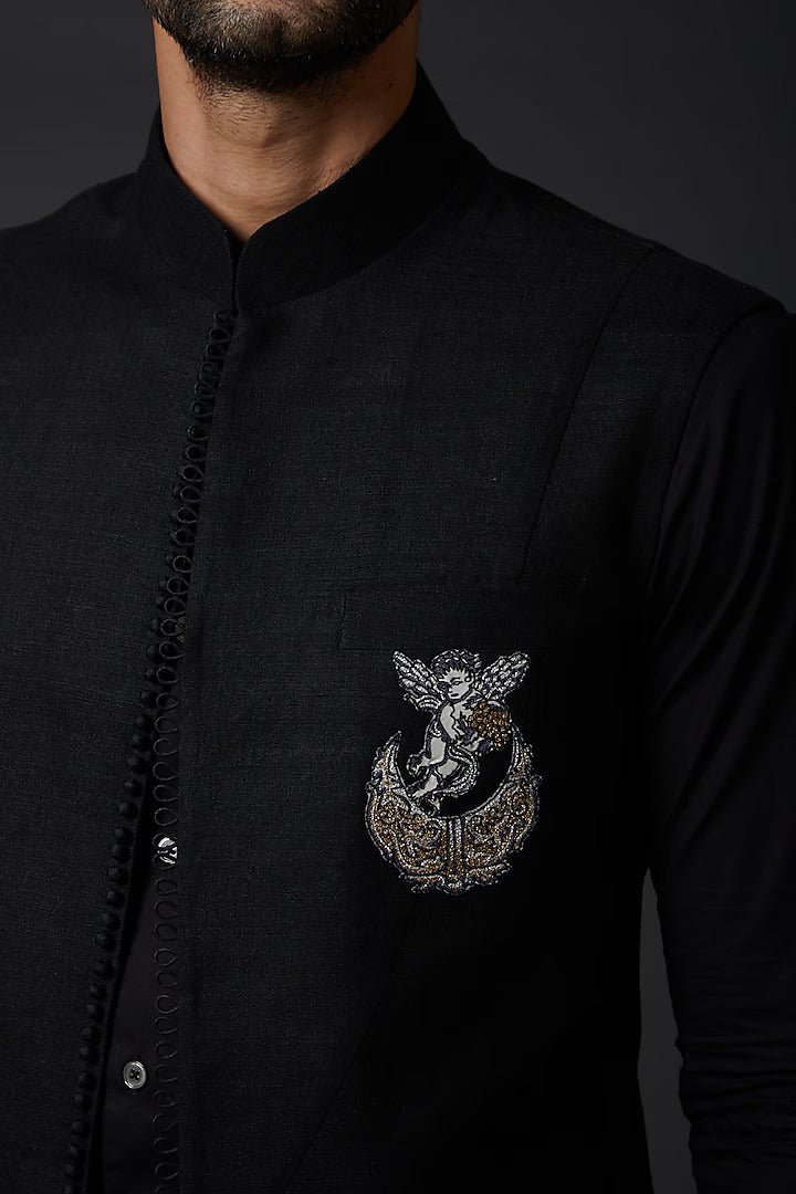 Black Linen Embroidered Bundi