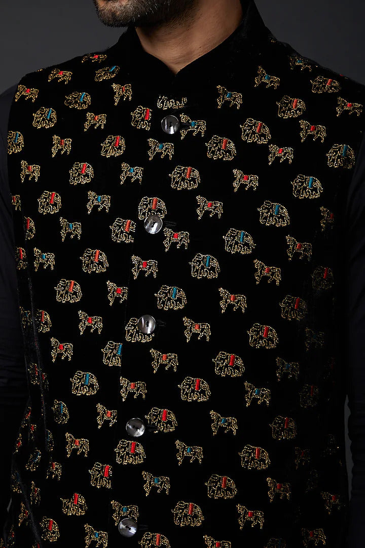 Black Linen Embroidered Bundi