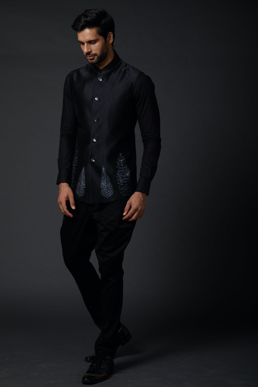 Black Chanderi Shibori Bandhgala