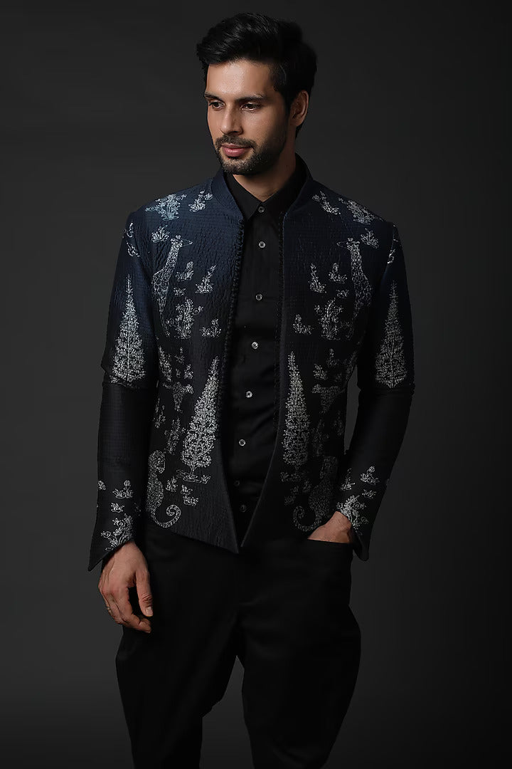 Indigo Blue Printed Bandhgala