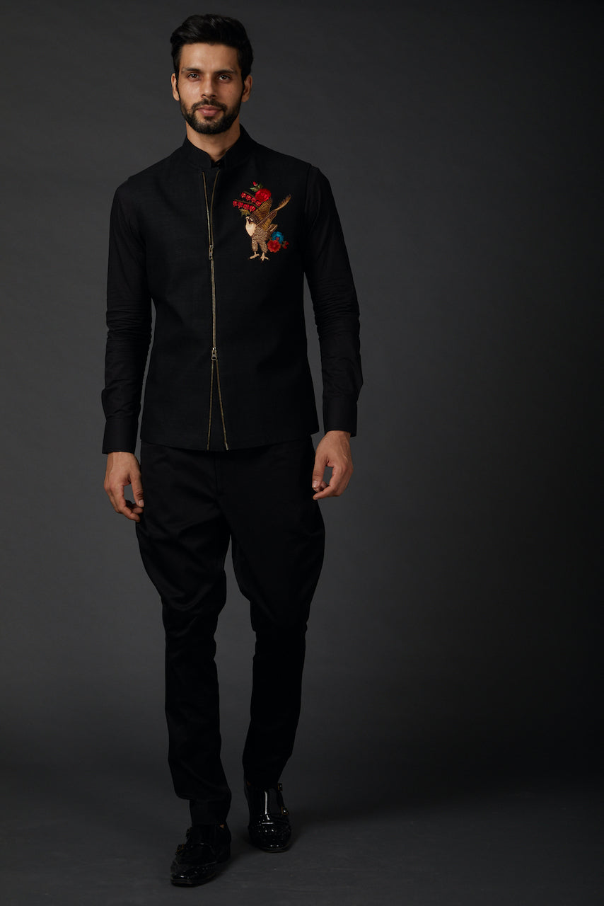 Black Matka Silk Embroidered Bundi