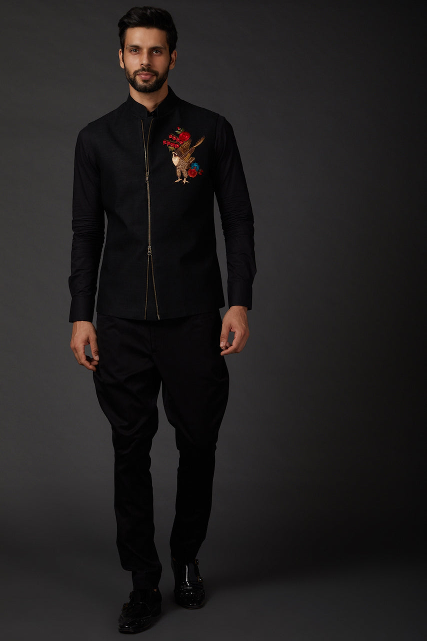 Black Matka Silk Embroidered Bundi