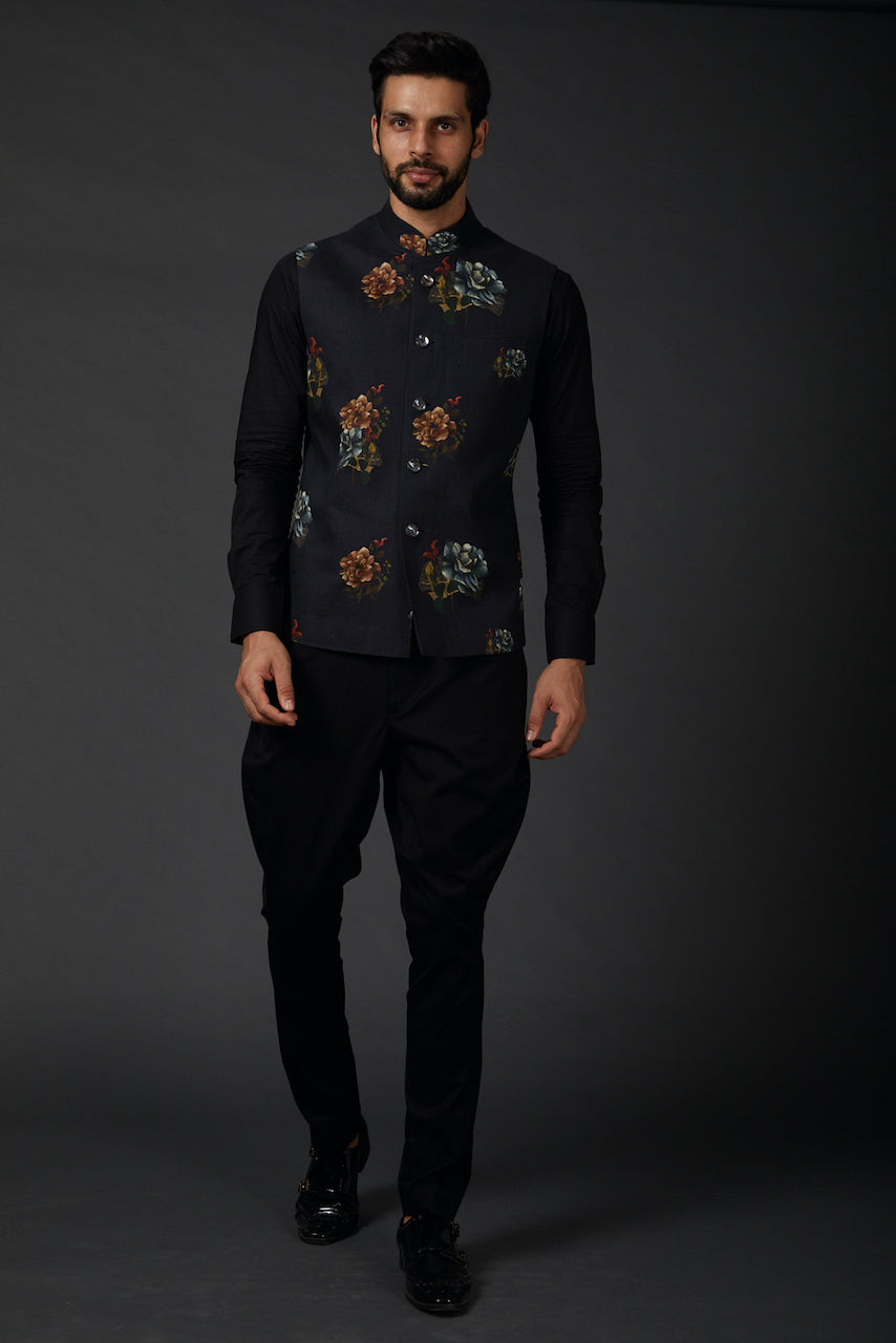 Black Chanderi Floral Printed Bundi