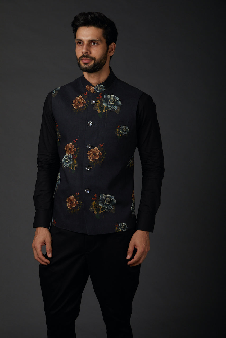 Black Chanderi Floral Printed Bundi