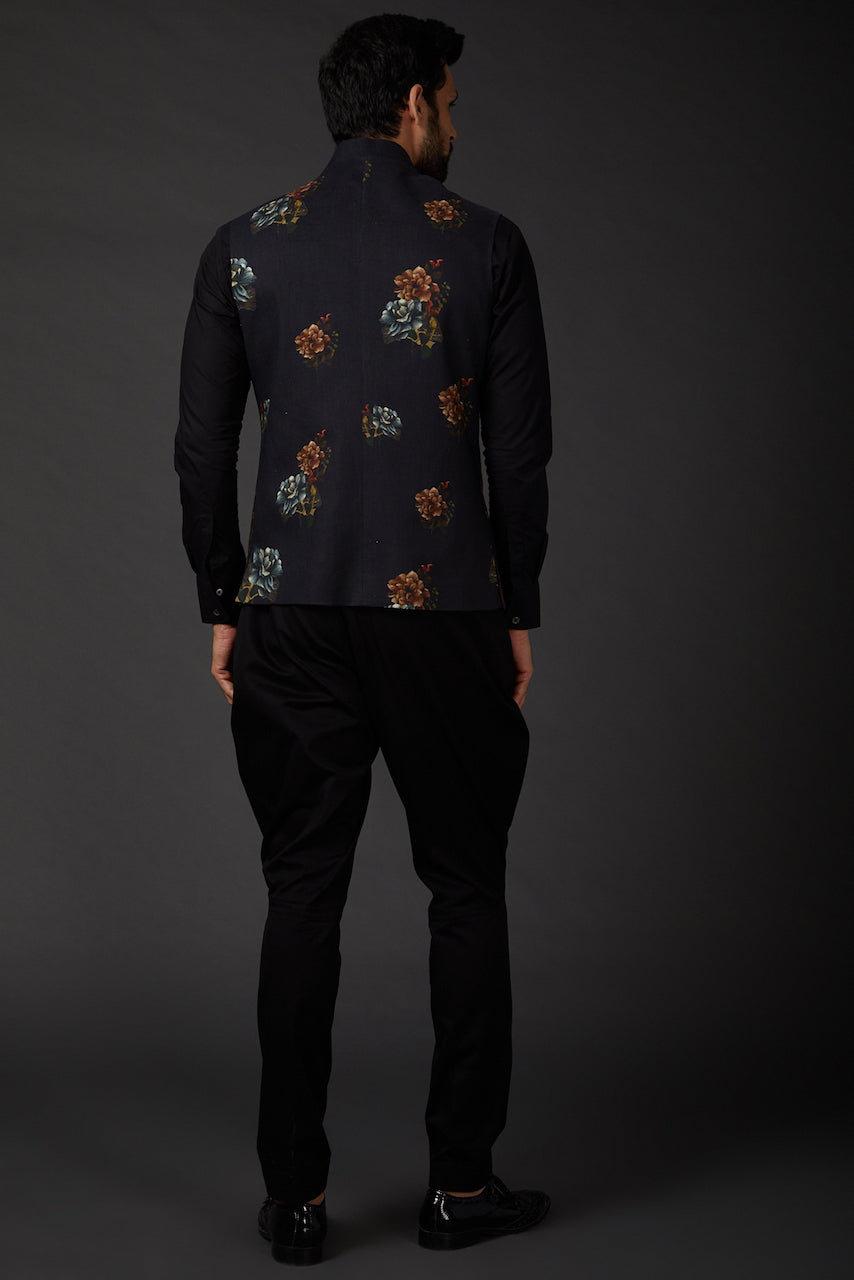 Black Chanderi Floral Printed Bundi