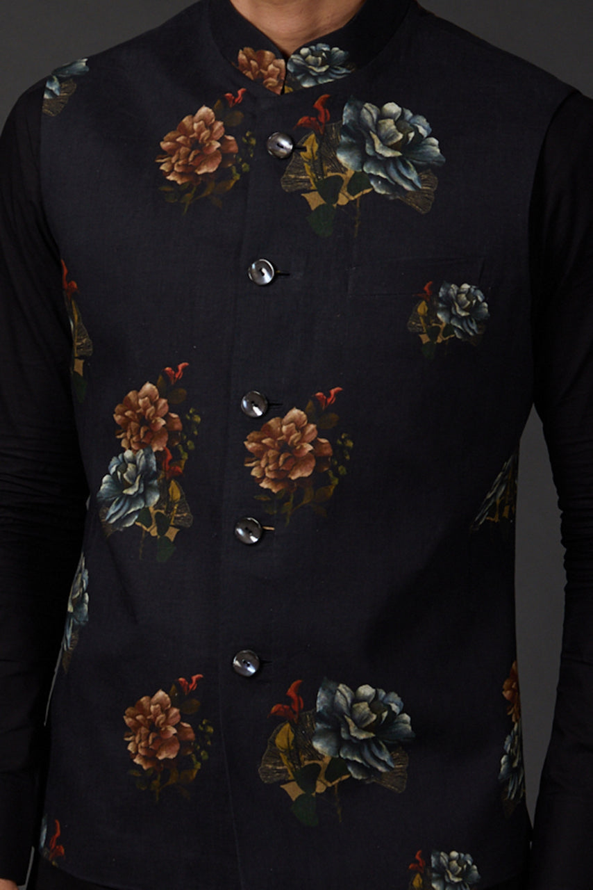 Black Chanderi Floral Printed Bundi