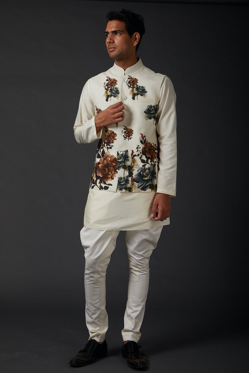 Ivory Linen Floral Printed Bundi