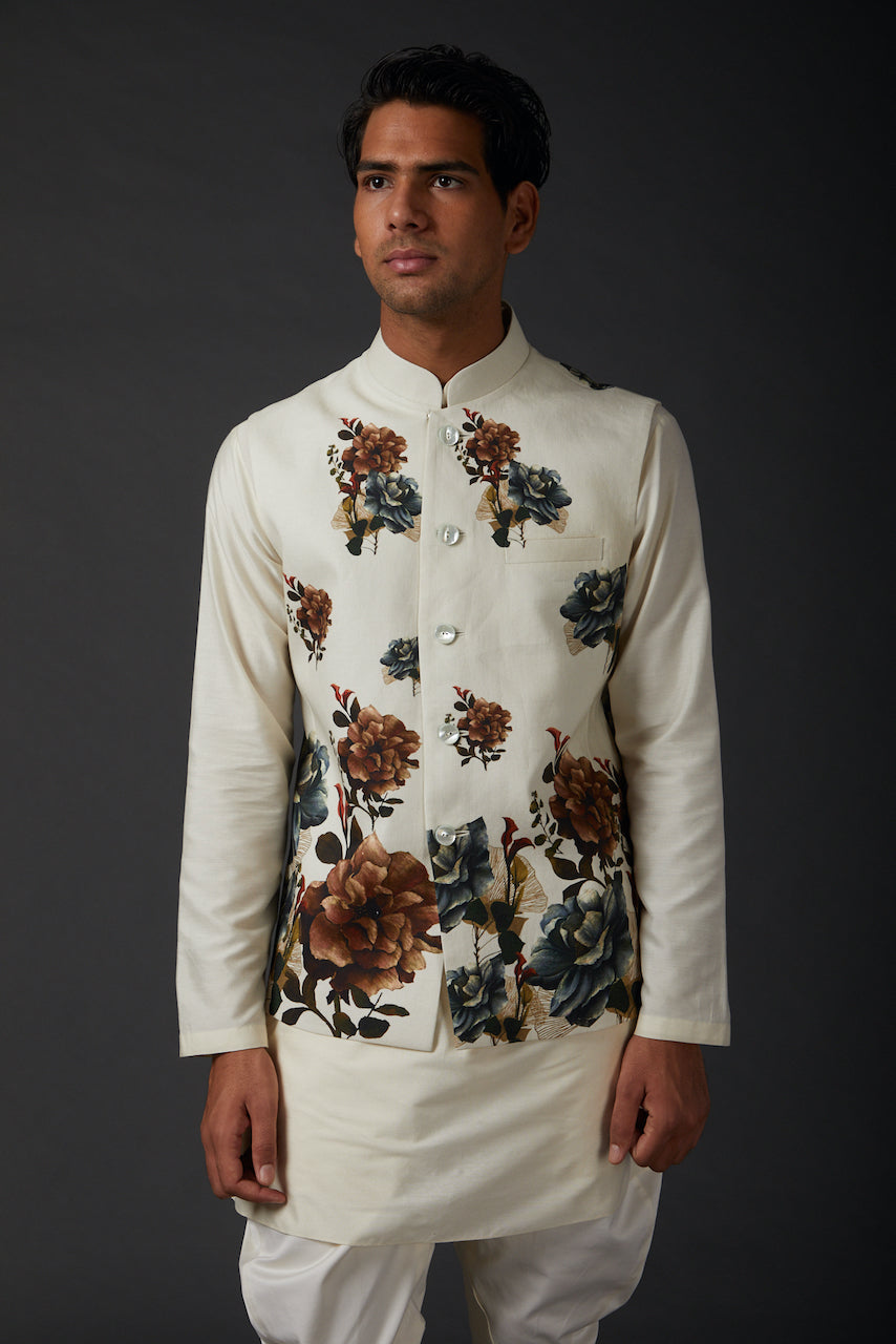 Ivory Linen Floral Printed Bundi