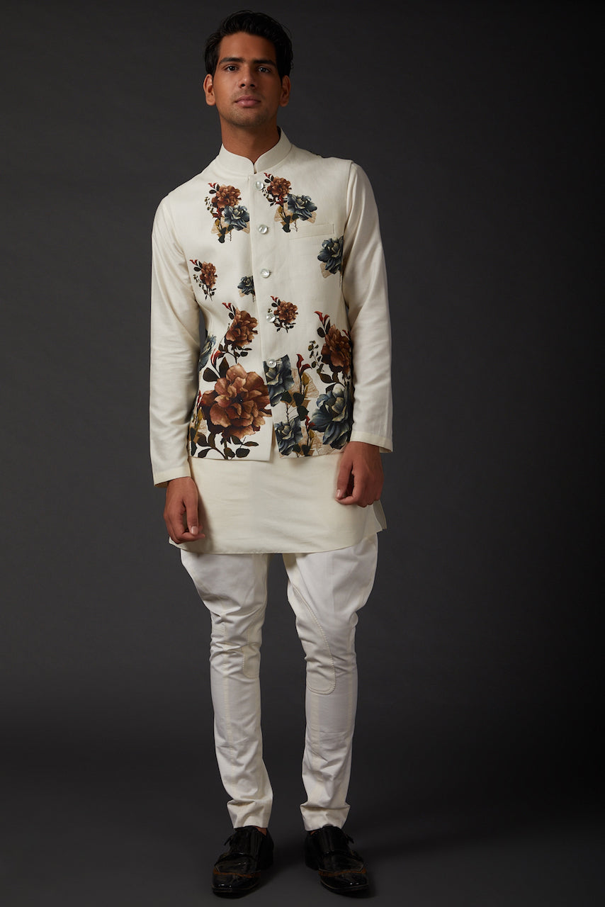 Ivory Linen Floral Printed Bundi