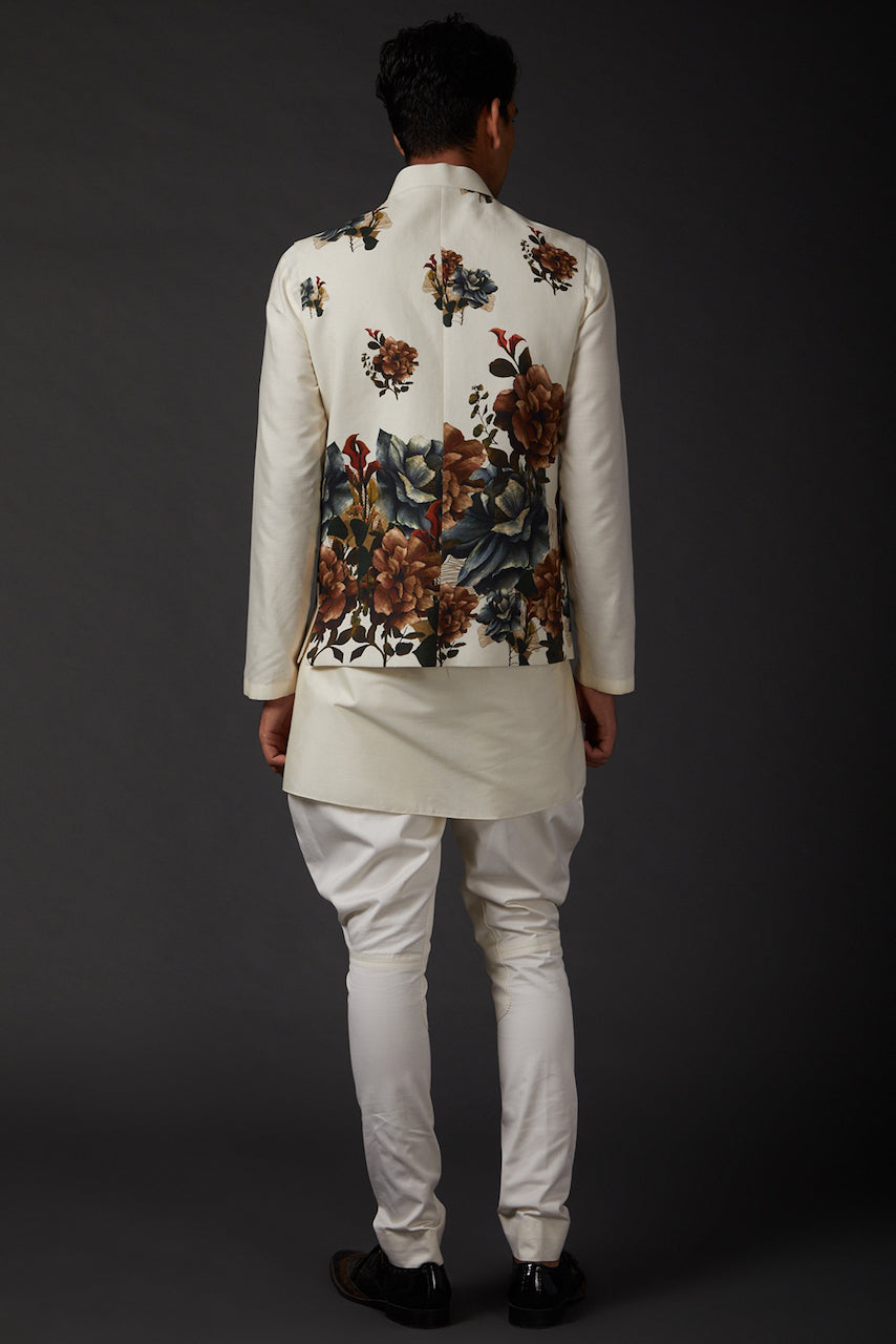 Ivory Linen Floral Printed Bundi