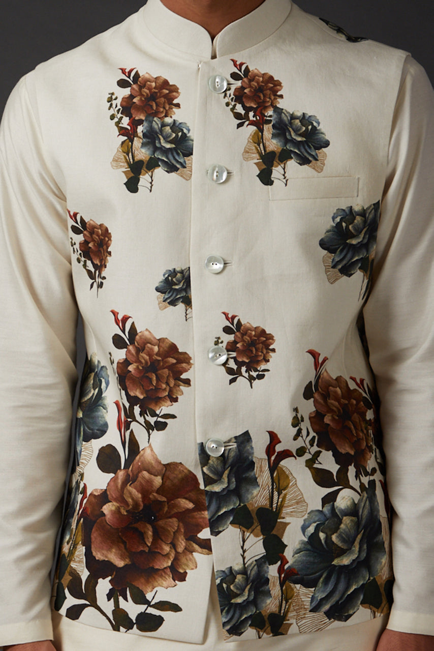 Ivory Linen Floral Printed Bundi