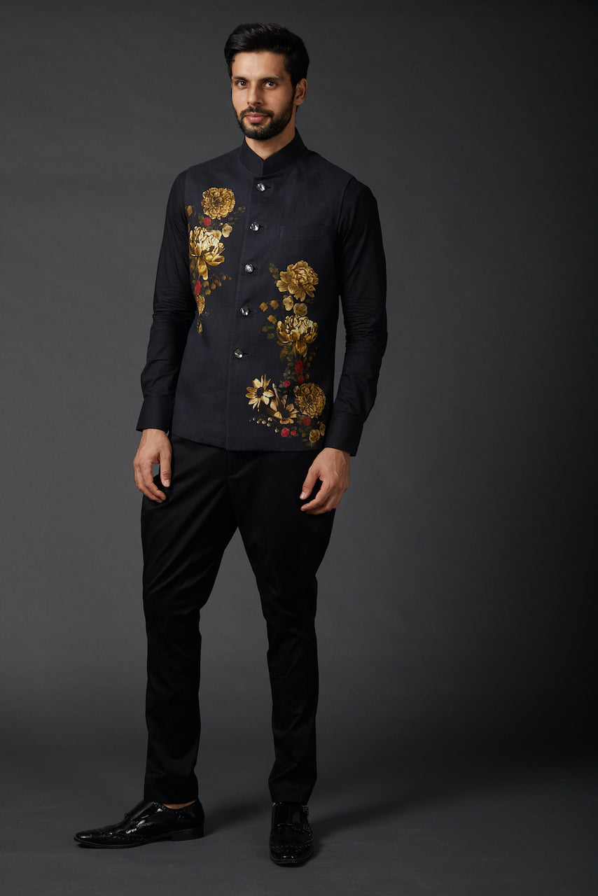 Black Linen Floral Printed Bundi