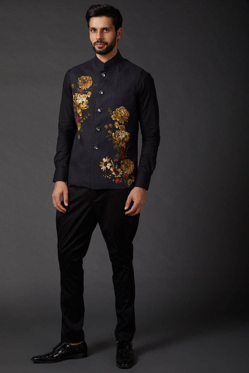 Black Linen Floral Printed Bundi