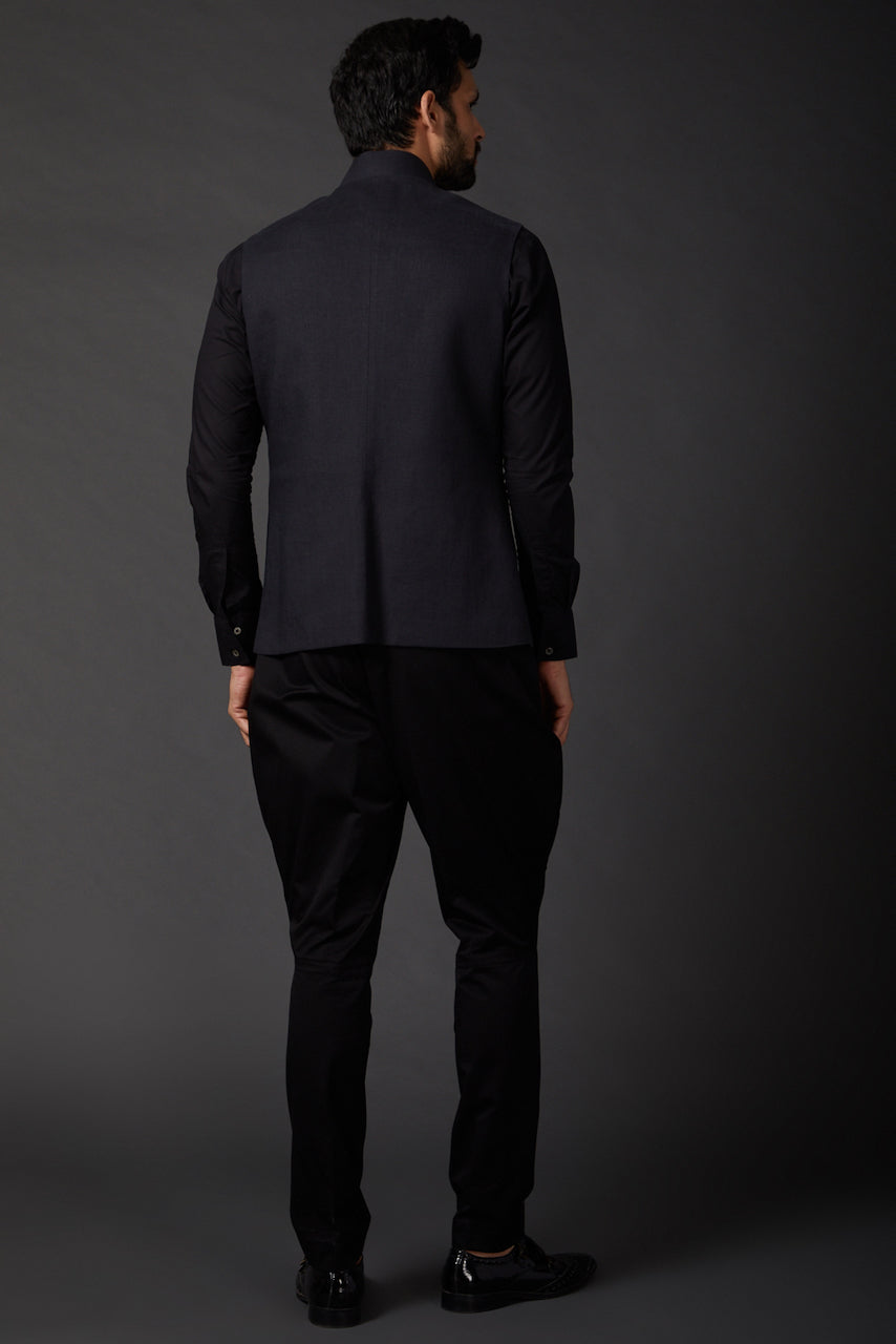Black Linen Floral Printed Bundi