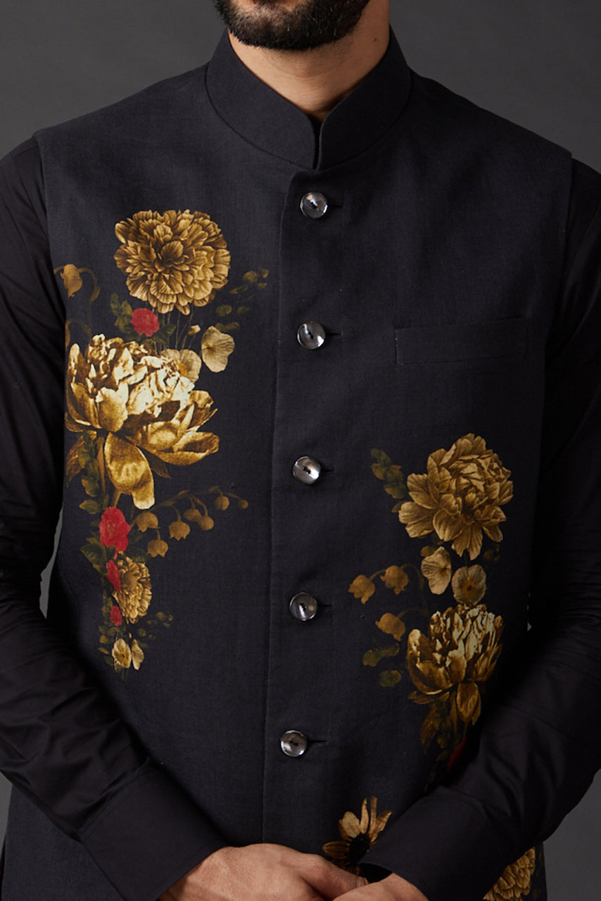 Black Linen Floral Printed Bundi