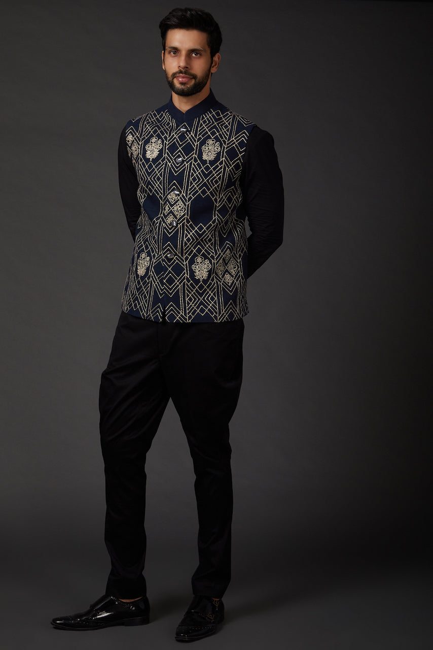 Indigo Embroidered Bundi