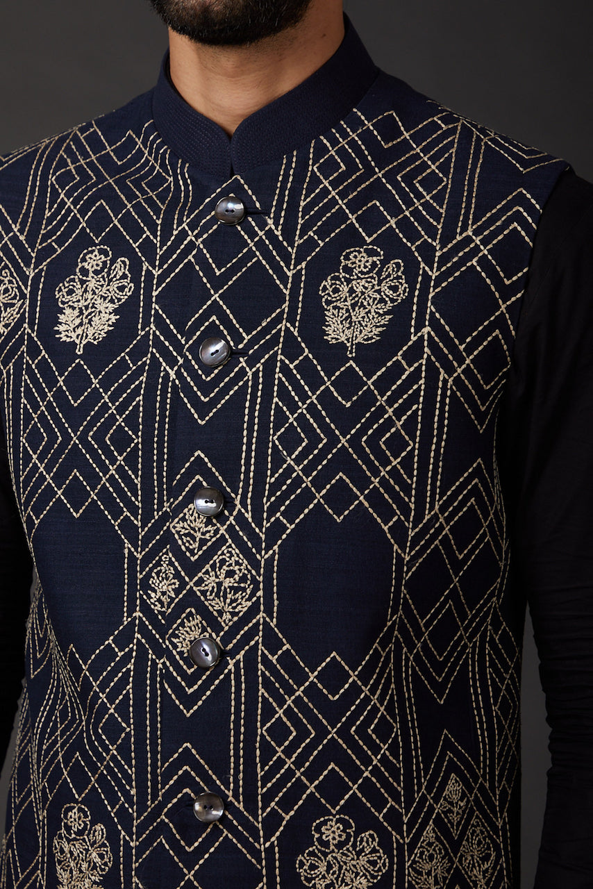 Indigo Embroidered Bundi