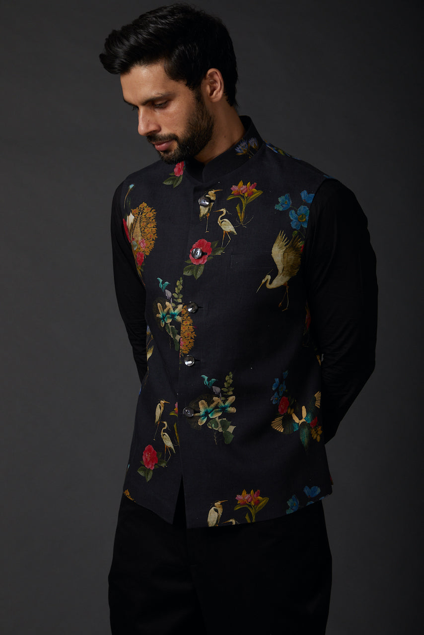 Black Linen Floral Printed Bundi
