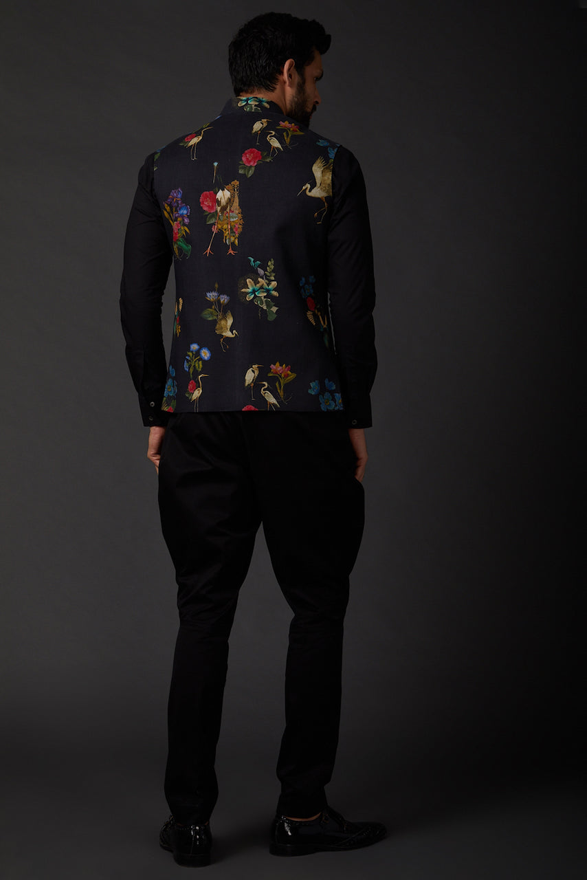Black Linen Floral Printed Bundi