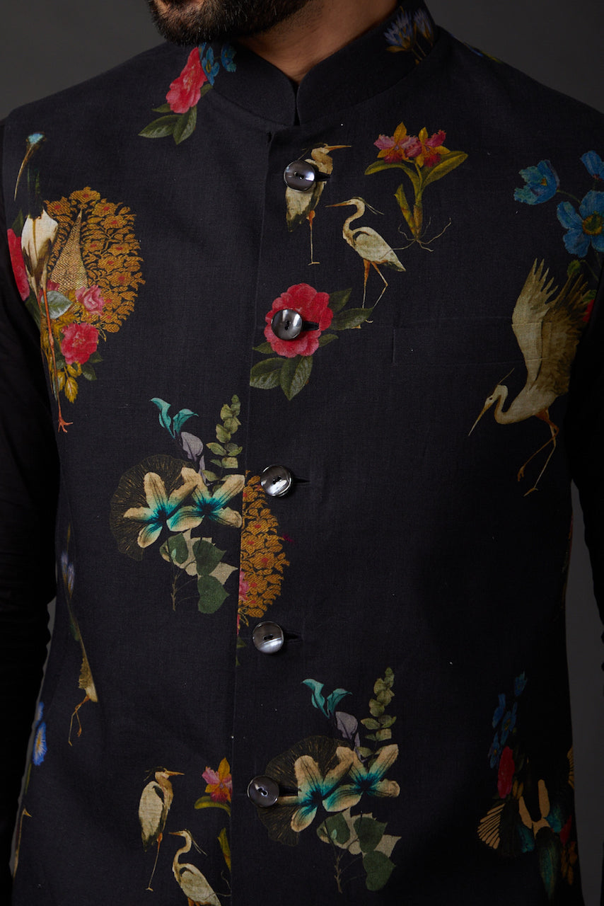 Black Linen Floral Printed Bundi