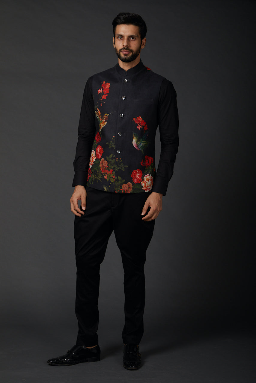 Black Printed Linen Bundi