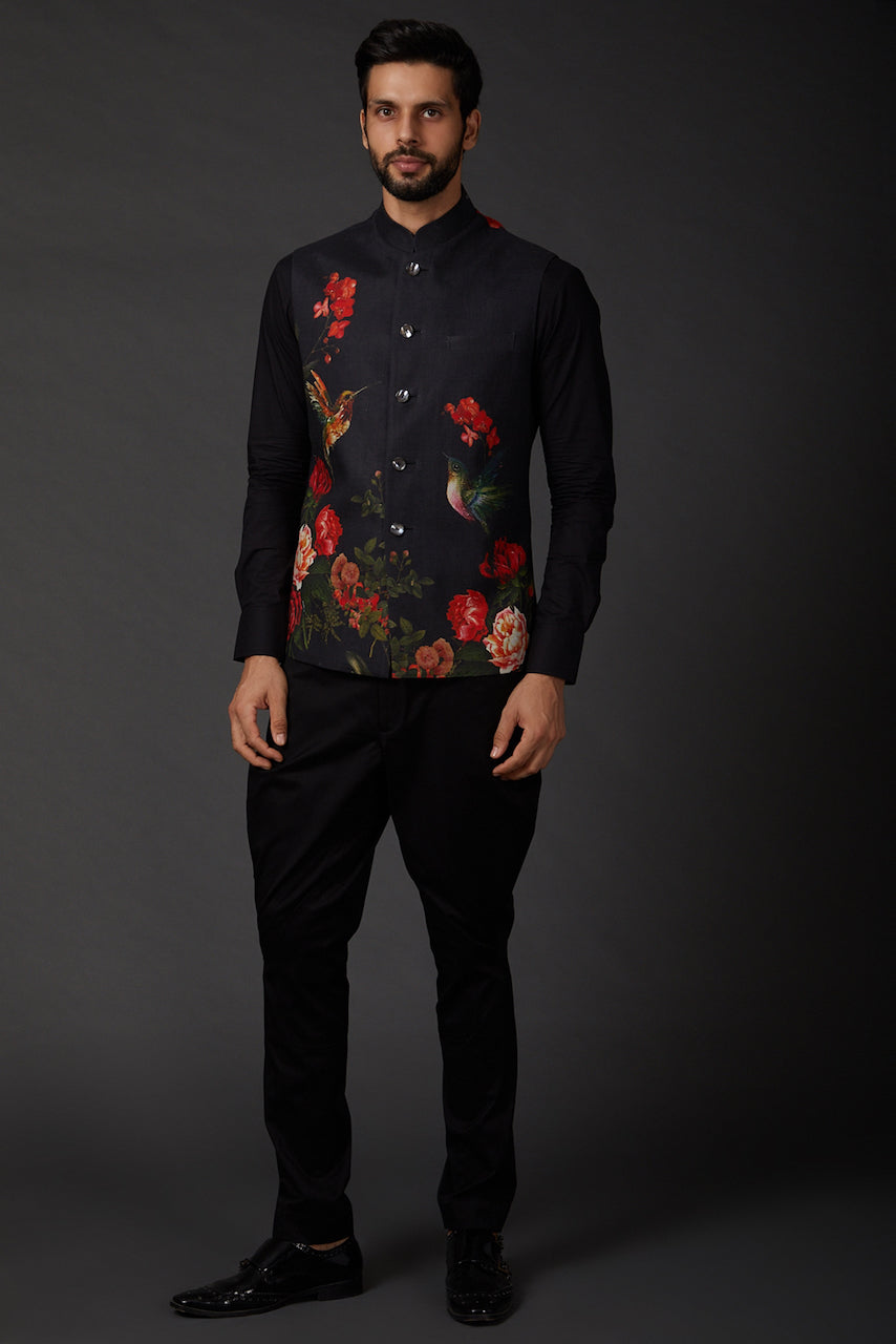Black Printed Linen Bundi