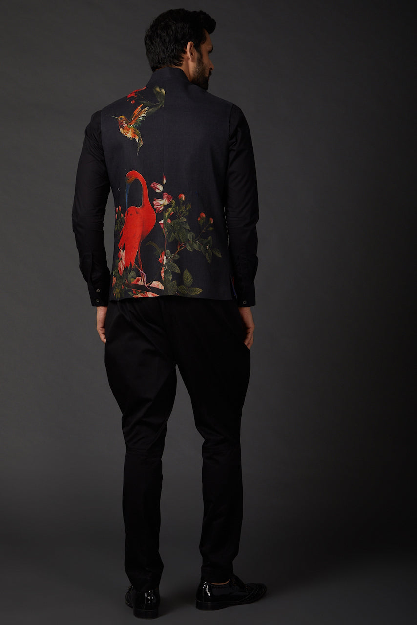 Black Printed Linen Bundi