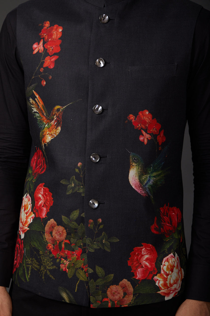 Black Printed Linen Bundi