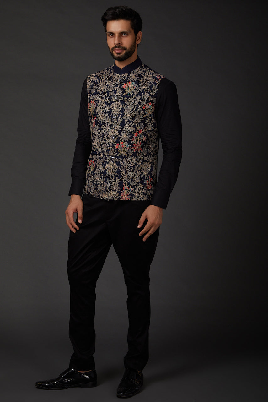 Indigo Embroidered Bundi