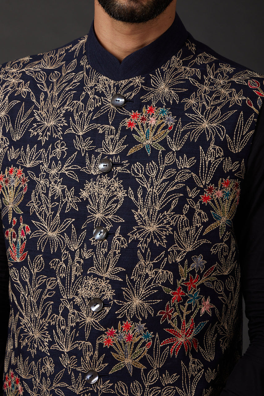 Indigo Embroidered Bundi