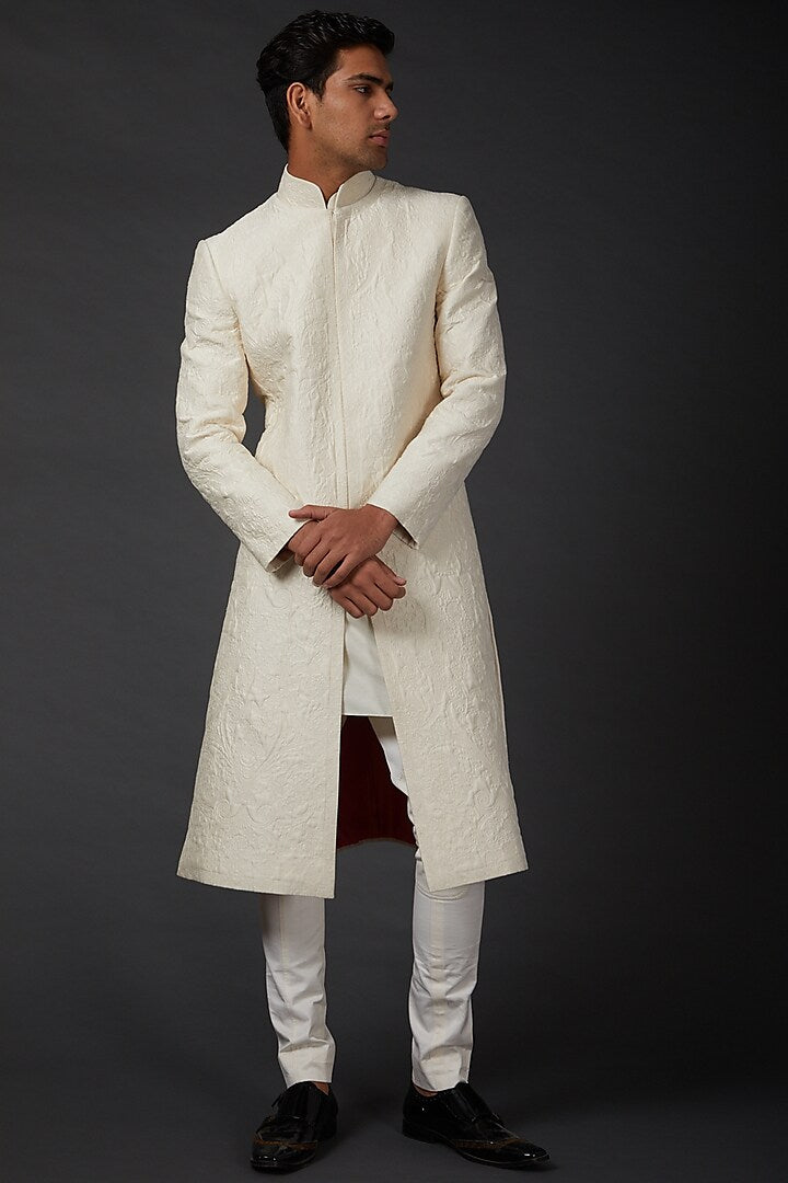 Men Ivory Chanderi Embroidered Sherwani