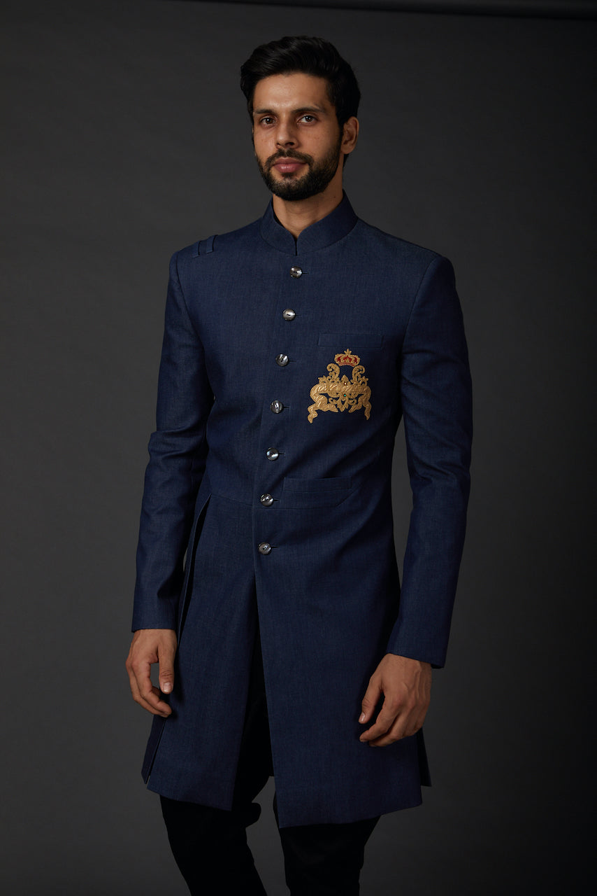 Men Indigo Blue Matka Silk Sherwani