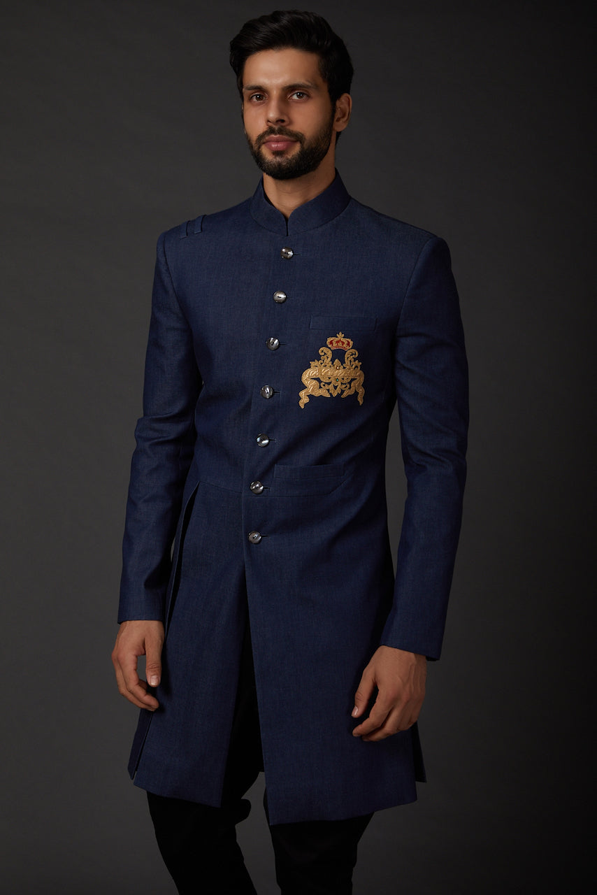 Men Indigo Blue Matka Silk Sherwani