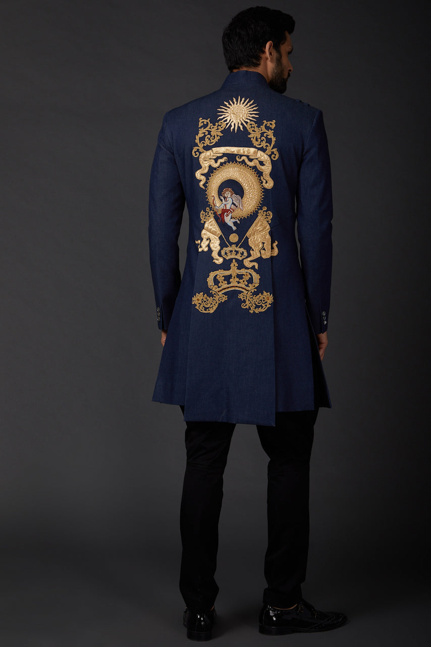 Men Indigo Blue Matka Silk Sherwani