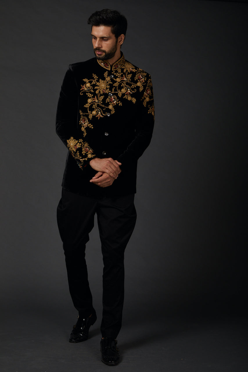 Black Silk Velvet Embroidered Bandhgala