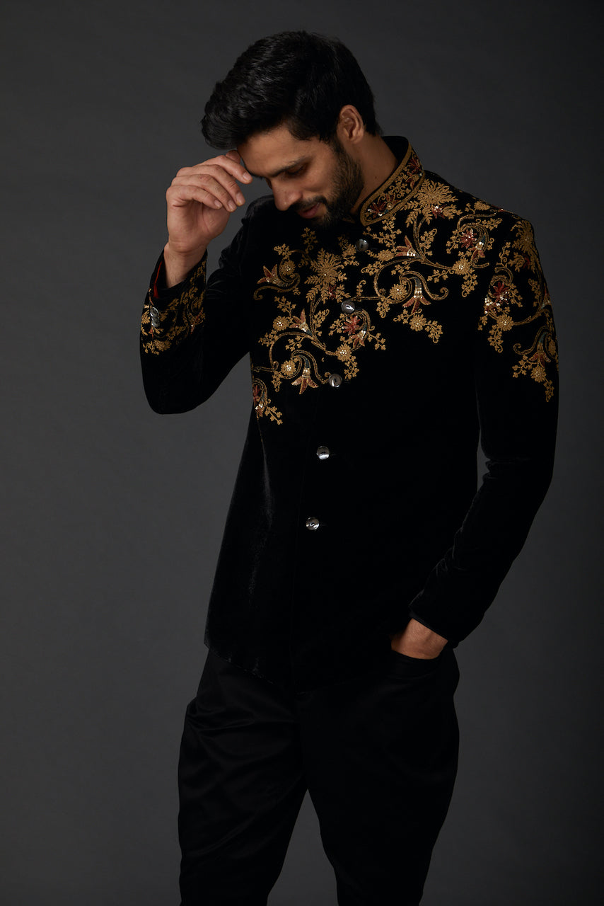 Black Silk Velvet Embroidered Bandhgala