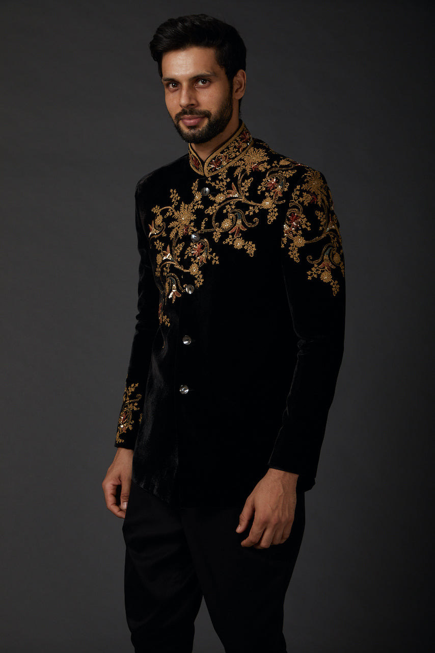 Black Silk Velvet Embroidered Bandhgala