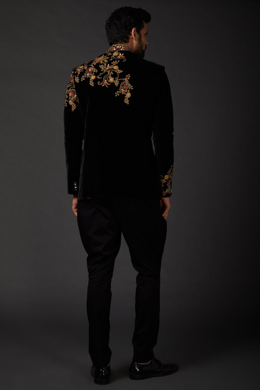 Black Silk Velvet Embroidered Bandhgala