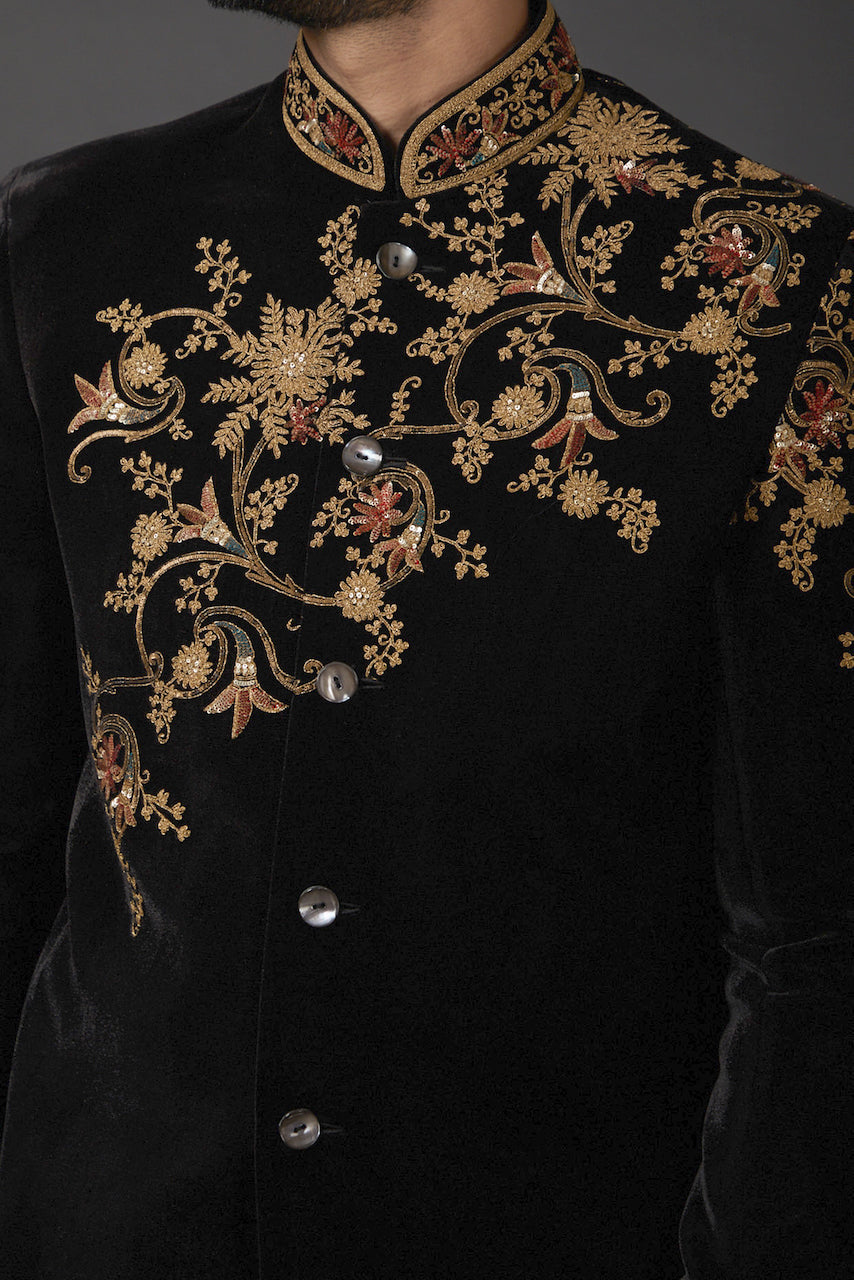 Black Silk Velvet Embroidered Bandhgala