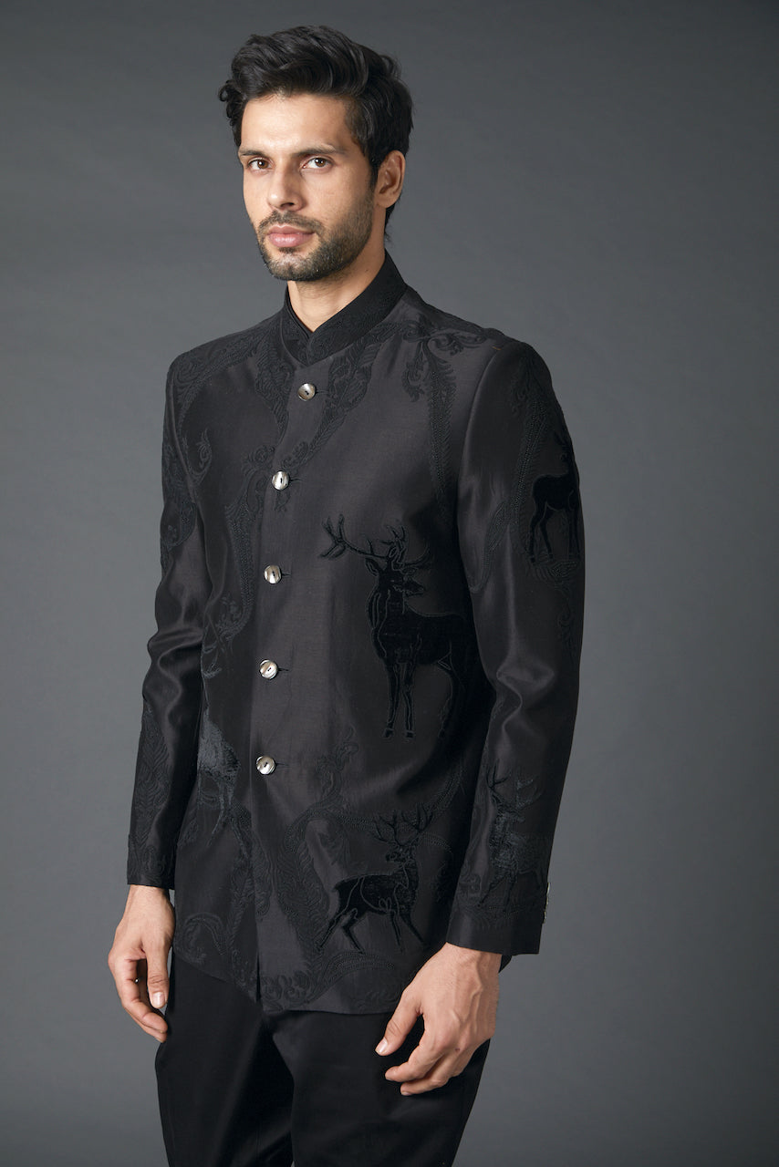 Black Silk Velvet Embroidered Bandhgala
