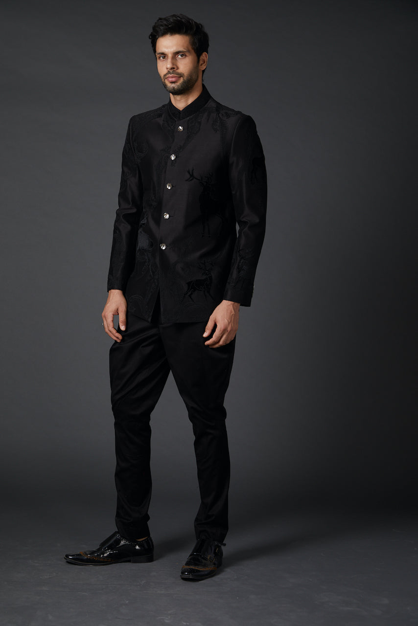 Black Silk Velvet Embroidered Bandhgala
